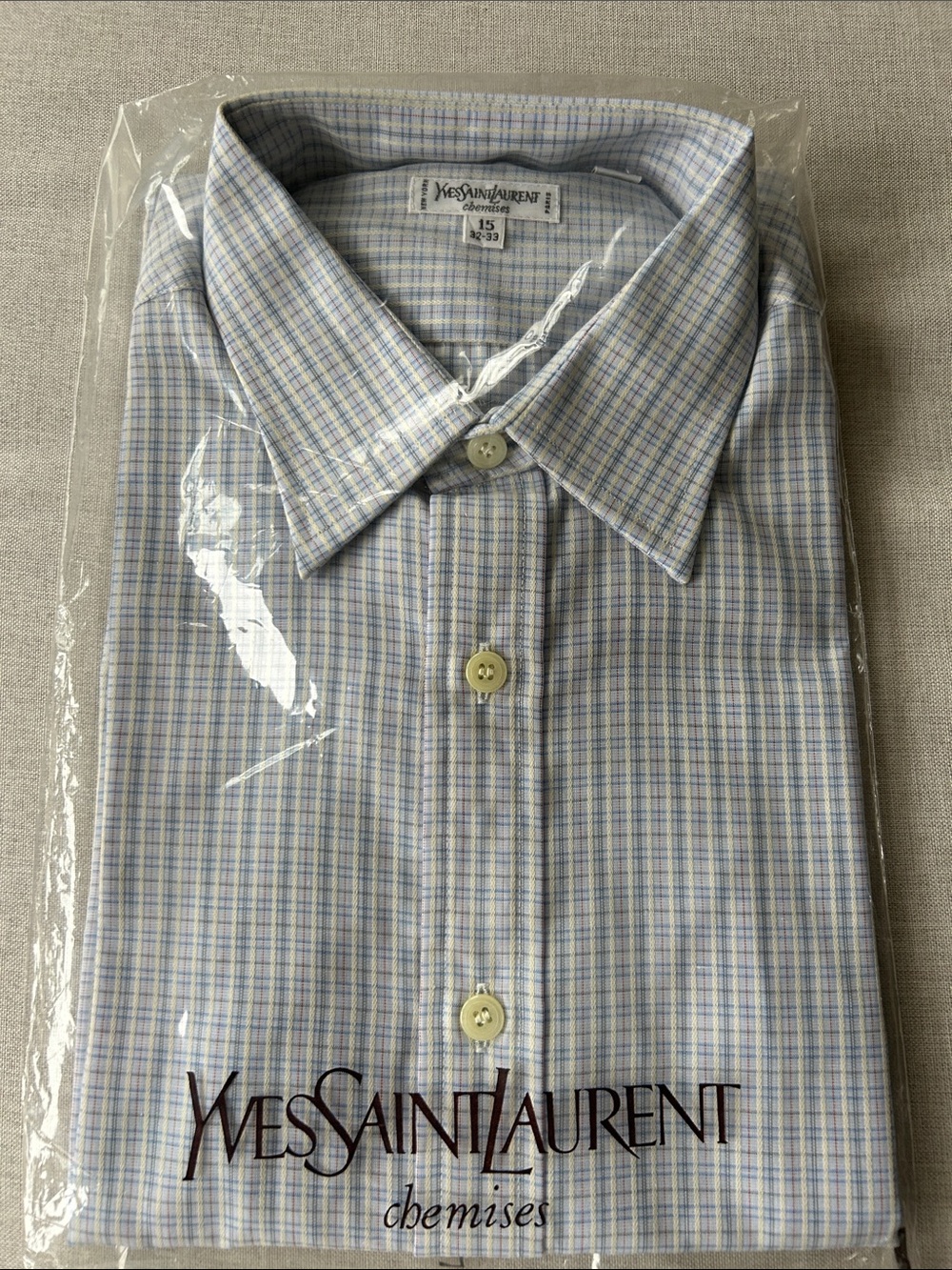 Yves Saint Laurent Vintage Men’s Blue Plaid Long Sleeve Dress Shirt